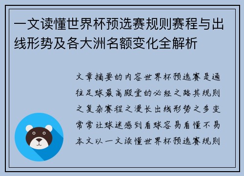 一文读懂世界杯预选赛规则赛程与出线形势及各大洲名额变化全解析